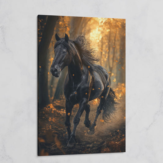 Black Horse in Autumn Forest Canvas on gallery wrap