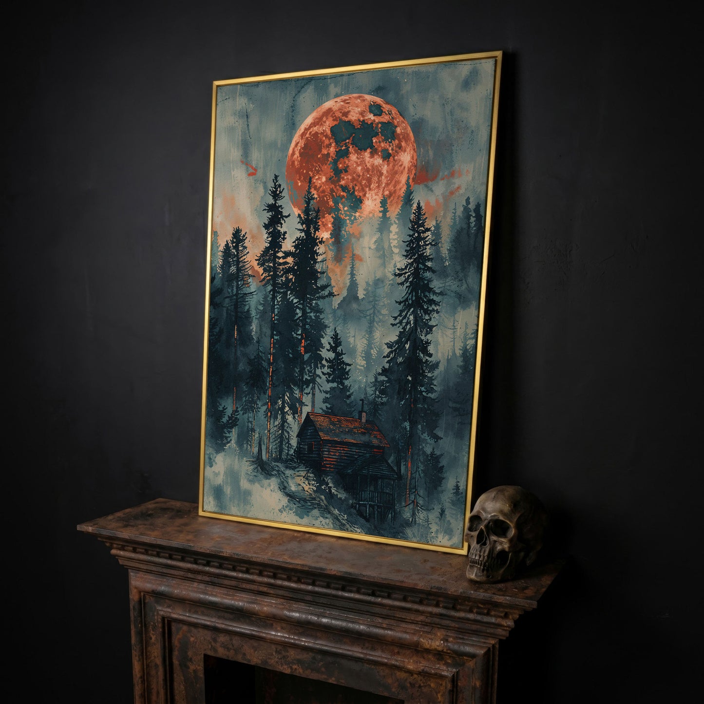 Crimson Moon Over Forest Cabin Canvas in yellow gold floating frame