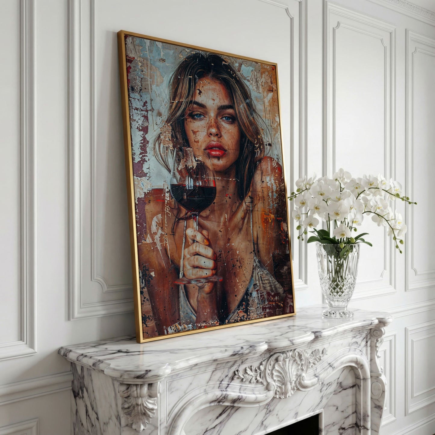 Woman with Red Wine Canvas Print in yellow gold floating frame