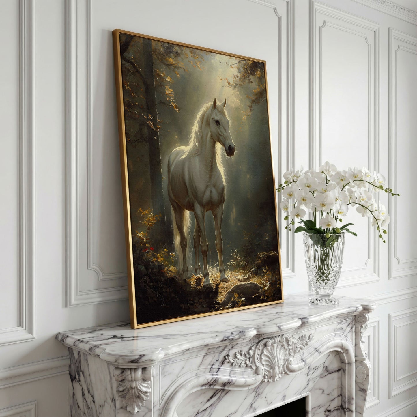 White Horse in Sunlit Woods Canvas in yellow gold floating frame
