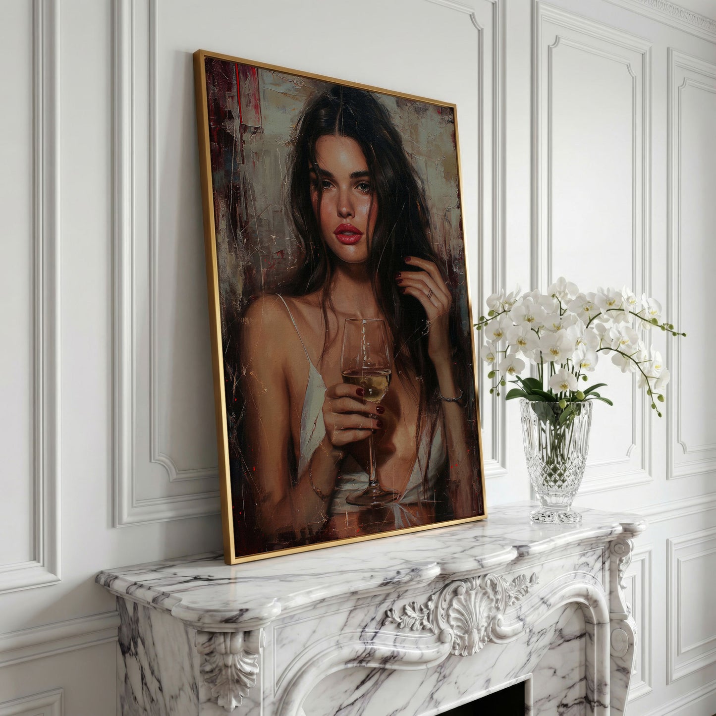Woman with White Wine Canvas Print in yellow gold floating frame