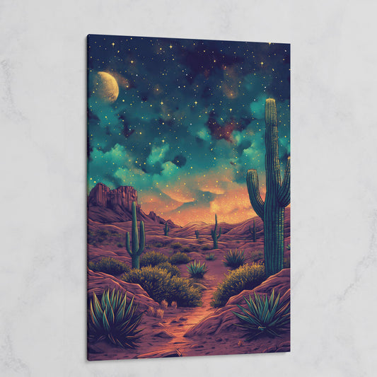 Starlit Desert with Saguaros Canvas Print on gallery wrap