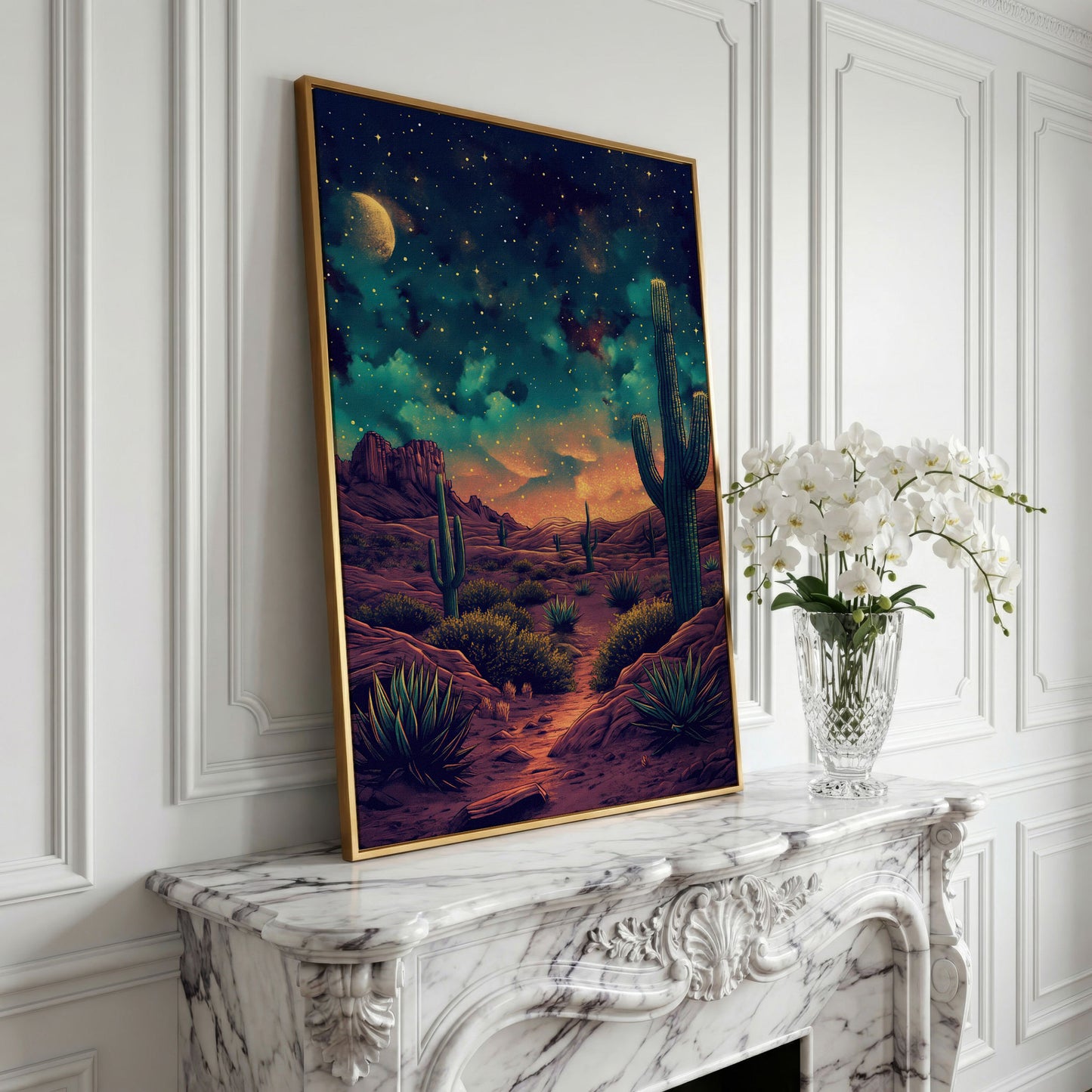 Starlit Desert with Saguaros Canvas Print in yellow gold floating frame