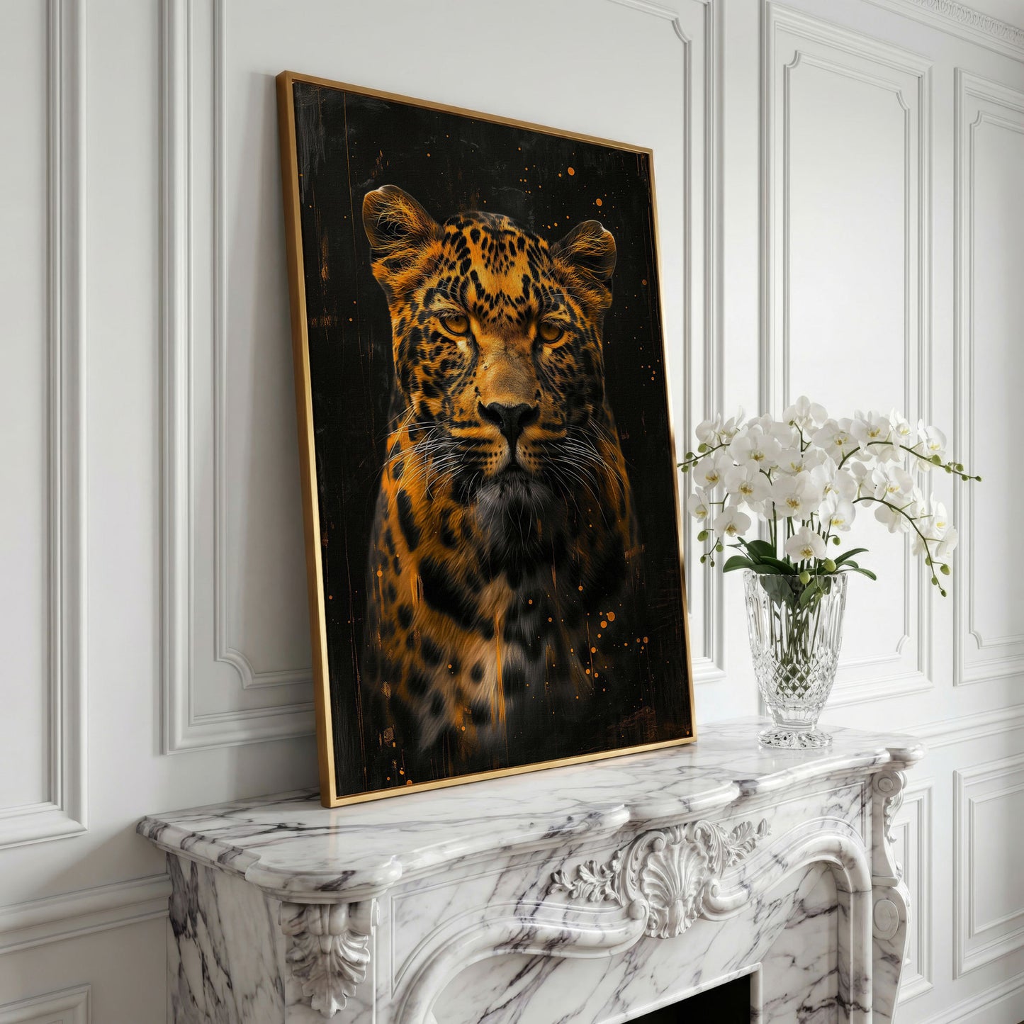 Abstract Leopard Canvas Print in Amber and Charcoal in yellow gold floating frame