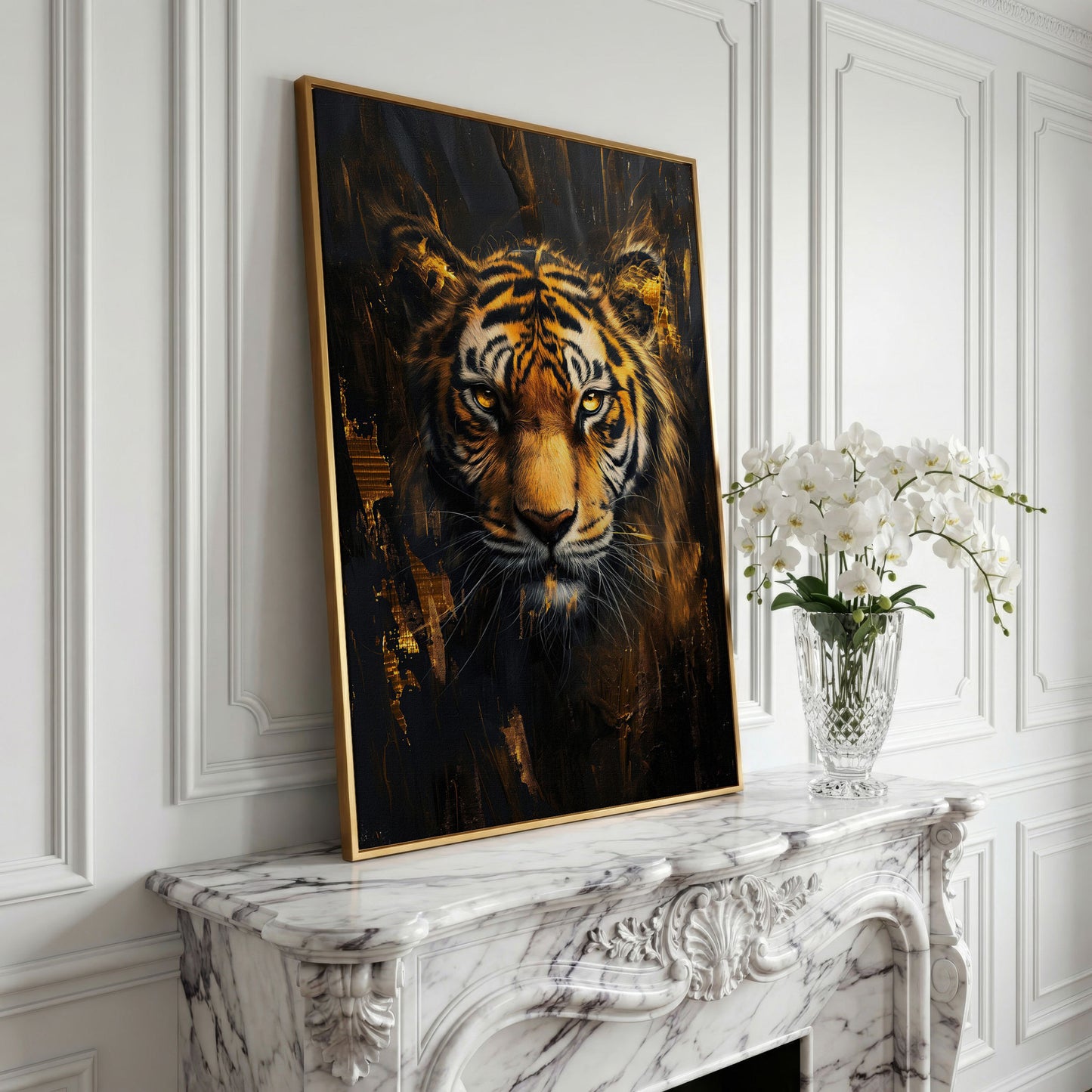 Golden Tiger Close-Up Canvas Print in yellow gold floating frame