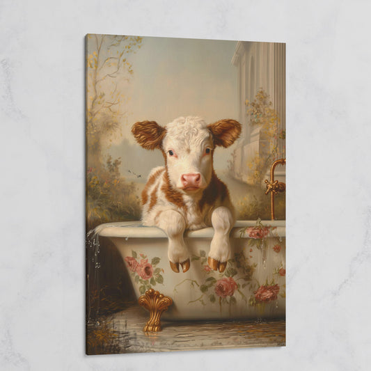 Whimsical Calf in Floral Bathtub Canvas Print on gallery wrap