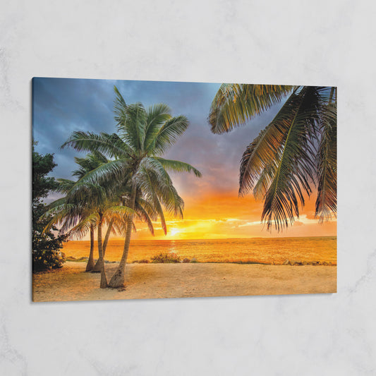 Summer Beach Sunset with Palm Tree Canvas on gallery wrap