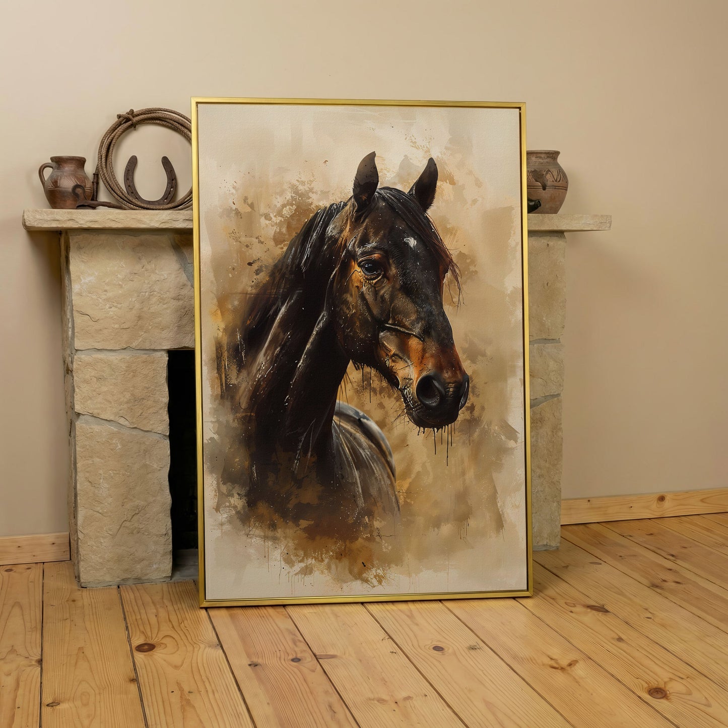 Brown Horse Portrait Canvas Print in yellow gold floating frame