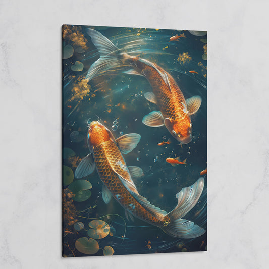 Koi Fish Canvas Print in Abstract Aquatic Tones on gallery wrap