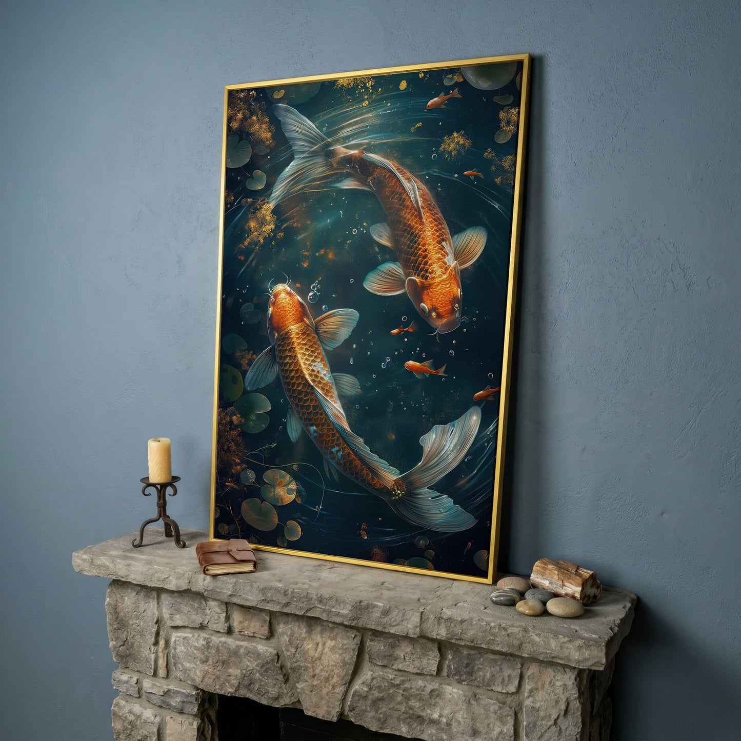 Koi Fish Canvas Print in Abstract Aquatic Tones in yellow gold floating frame