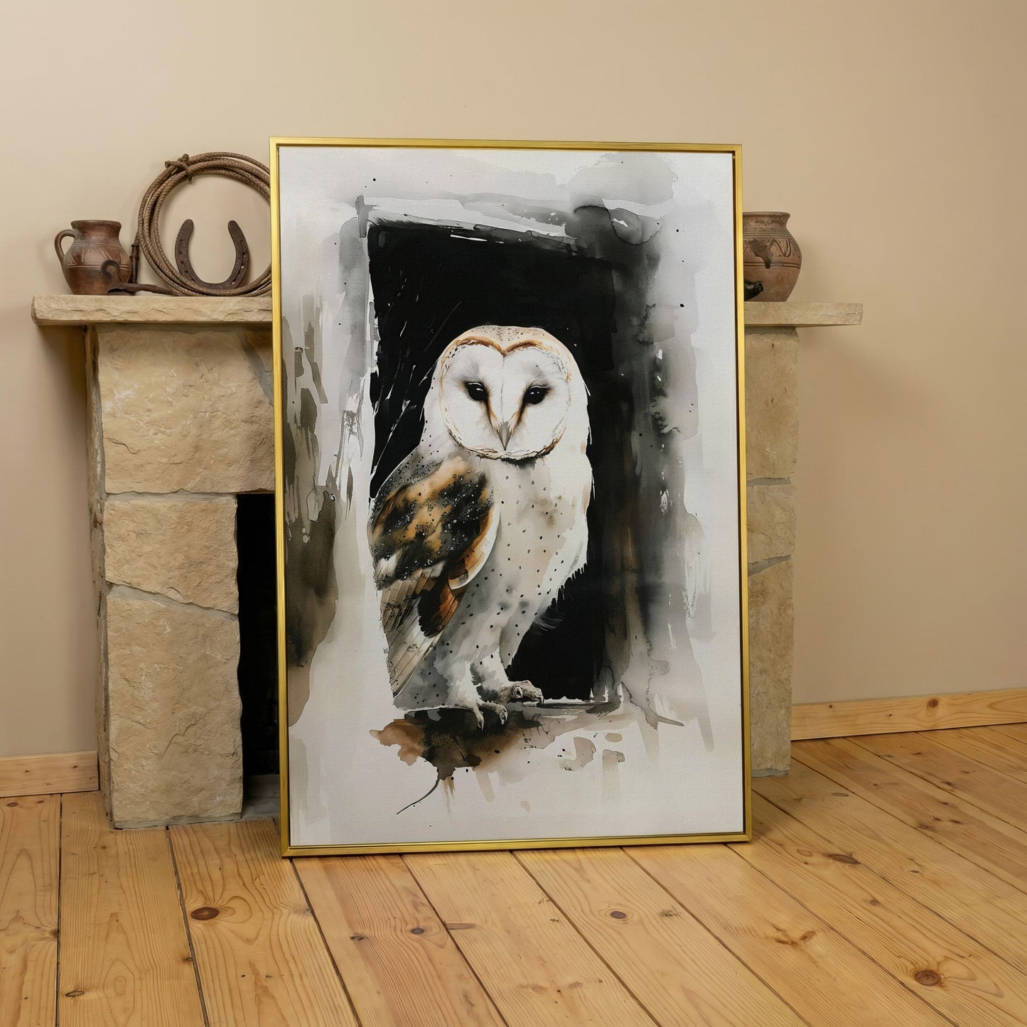 Serene Barn Owl Watercolor Canvas in yellow gold floating frame