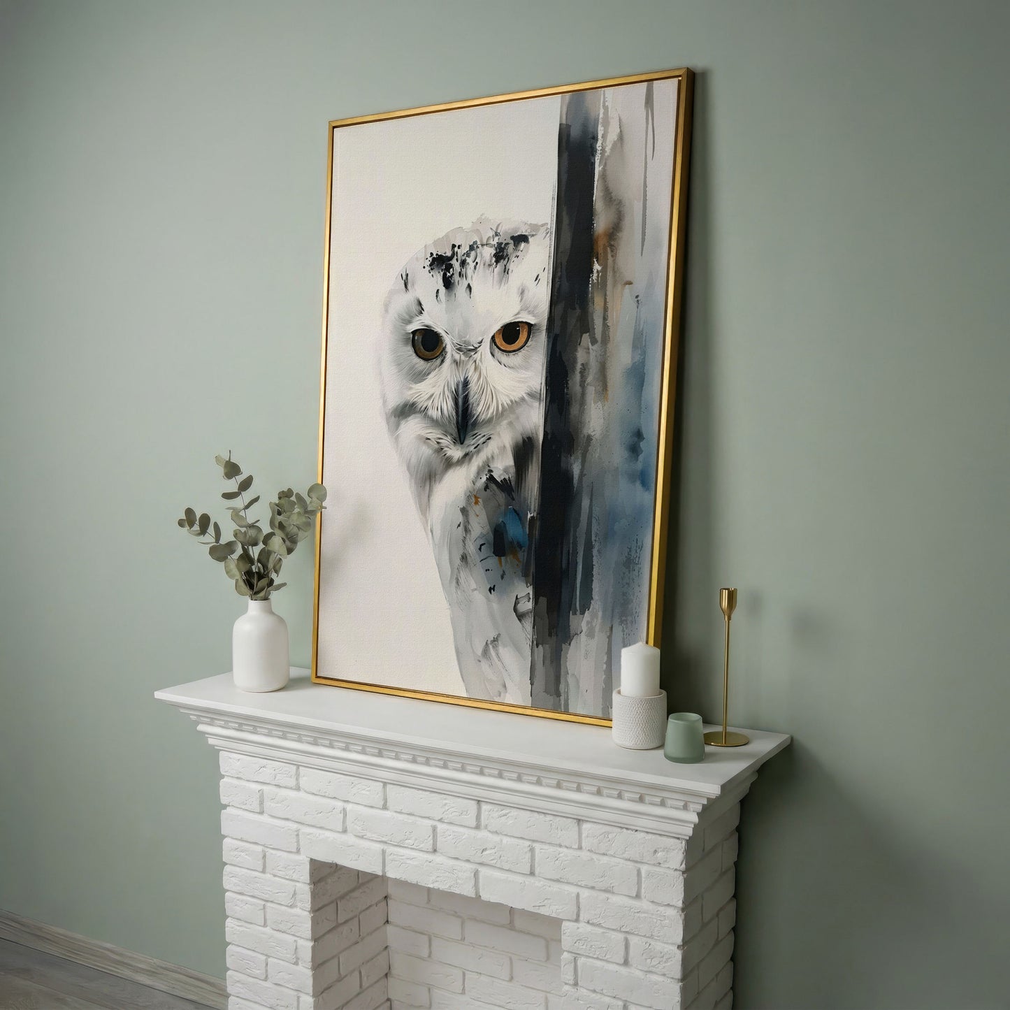 Snowy Owl Canvas Print, Minimalist Portrait in yellow gold floating frame