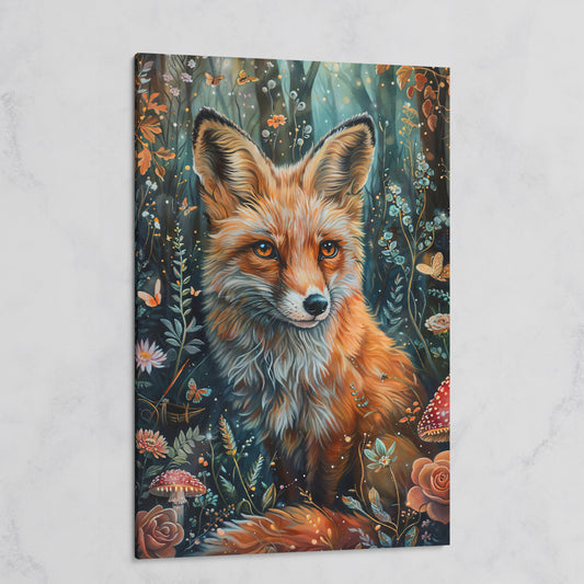 Woodland Fox Canvas Print with Mushrooms and Flowers on gallery wrap