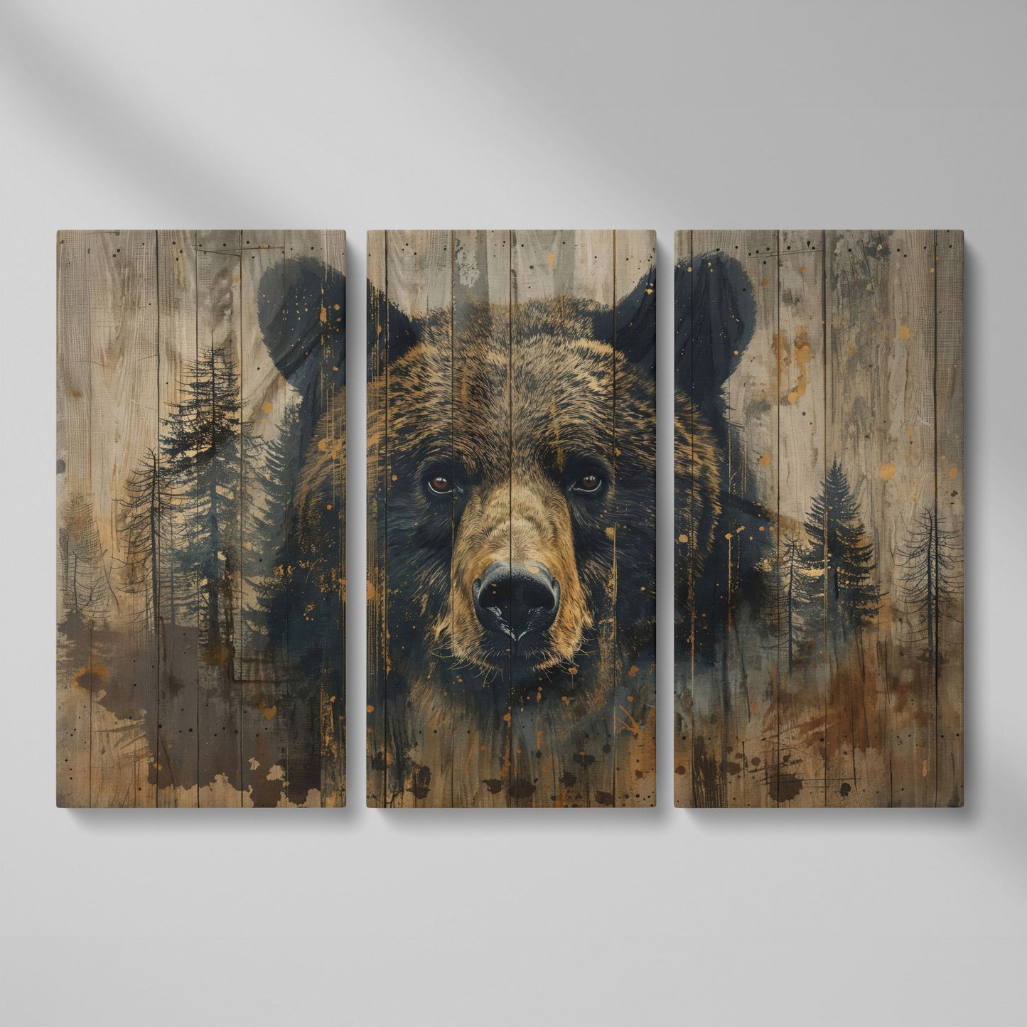 Forest Bear Portrait Canvas as 3-panel split version