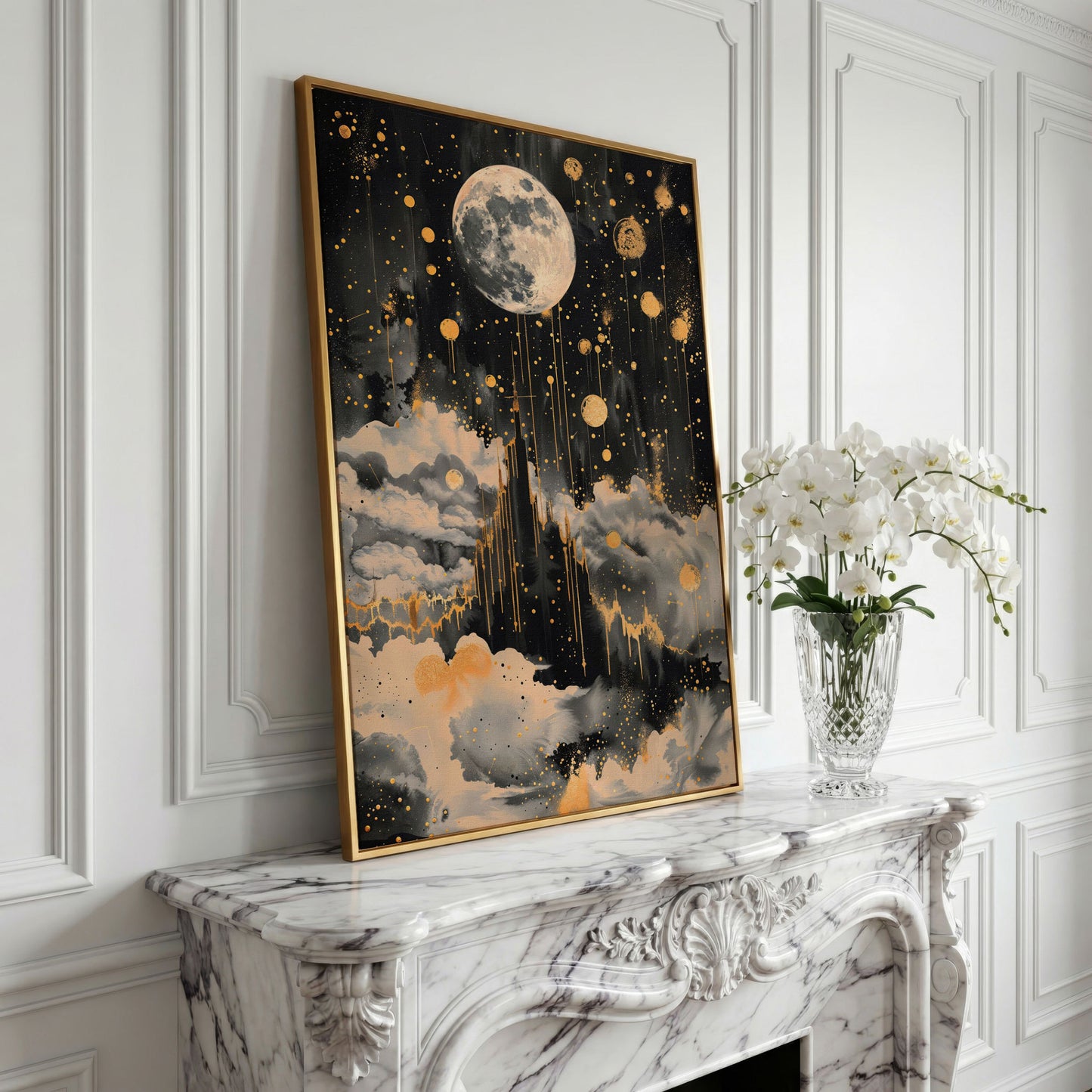 Celestial Moon Canvas Wall Art in Charcoal and Gold in yellow gold floating frame