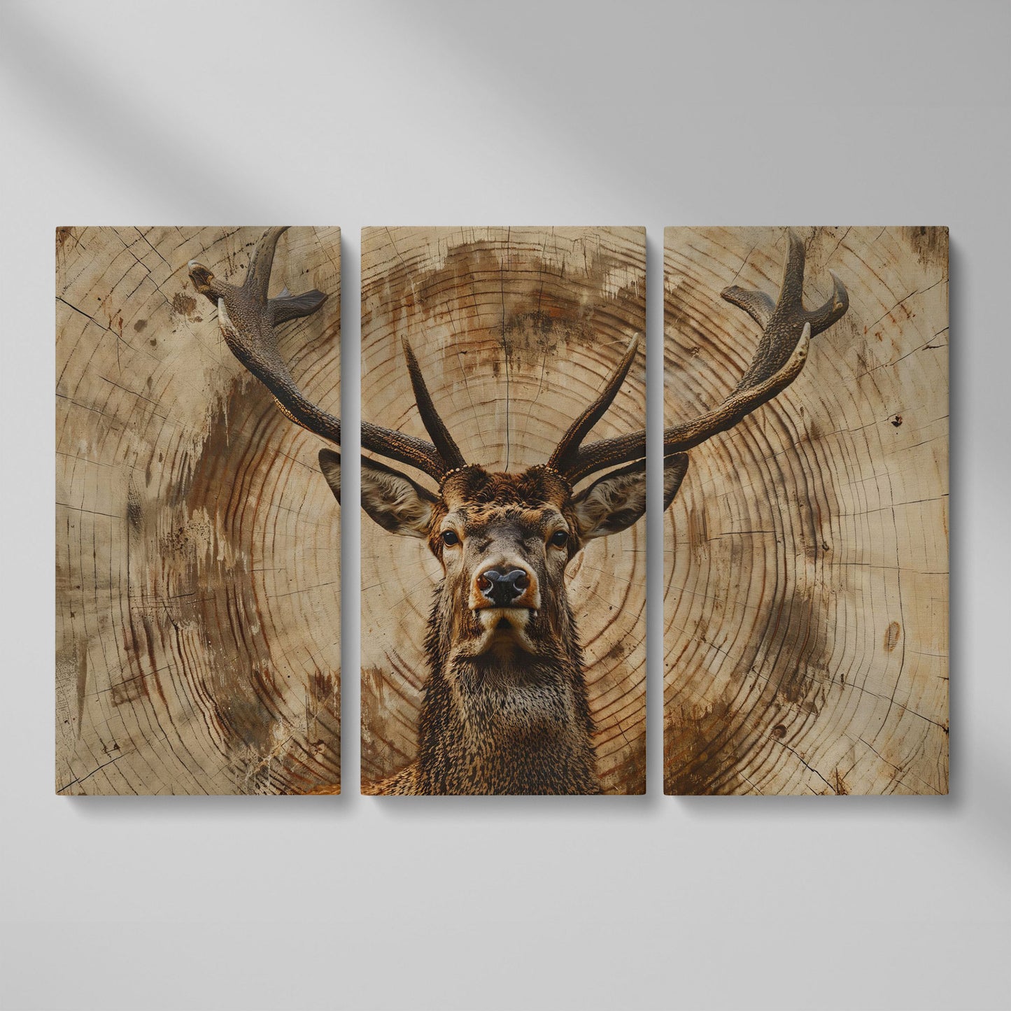 Deer Close-Up Canvas Print in Rustic Sepia as 3-panel split version