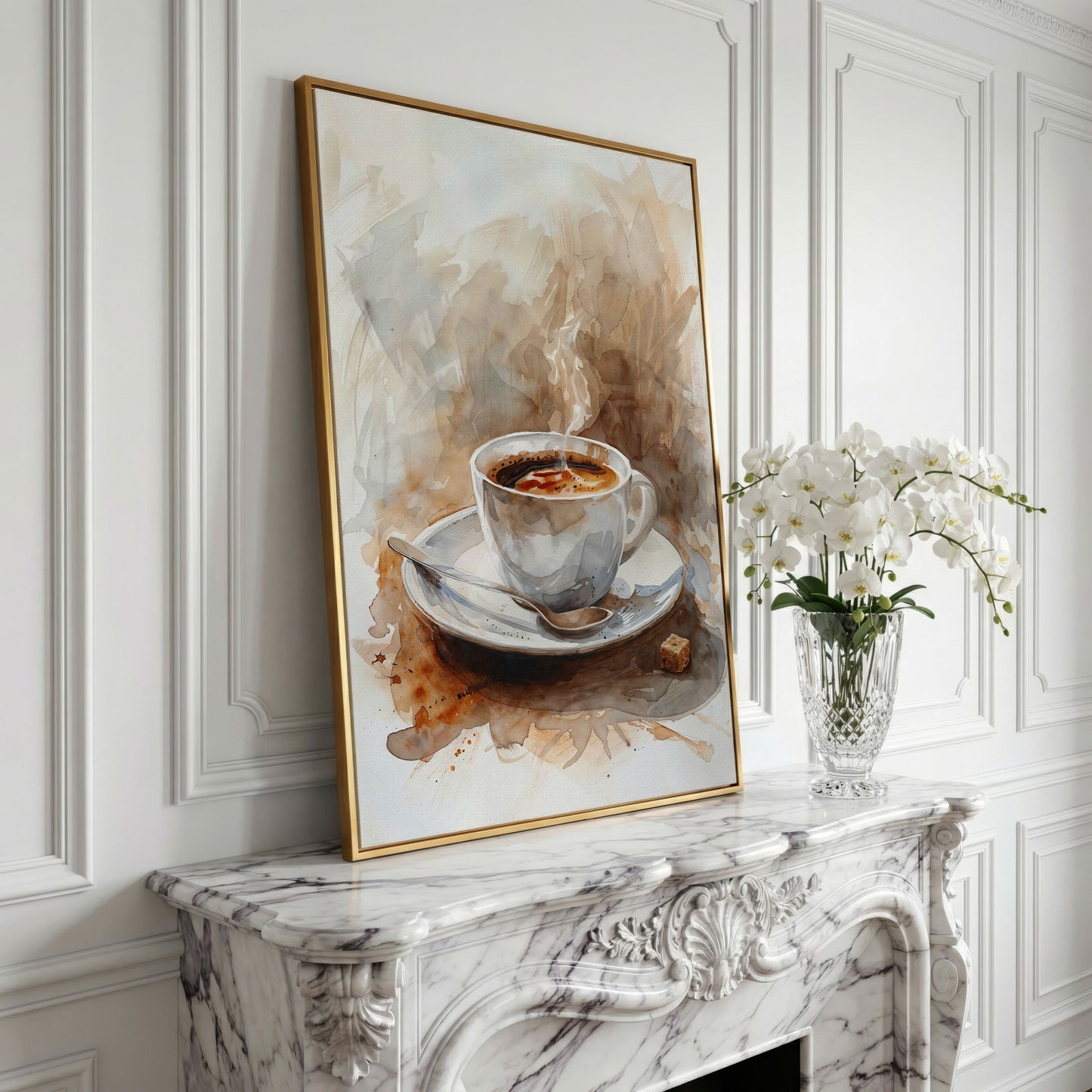 Elegant Coffee Cup Canvas Print for Modern Kitchen in yellow gold floating frame