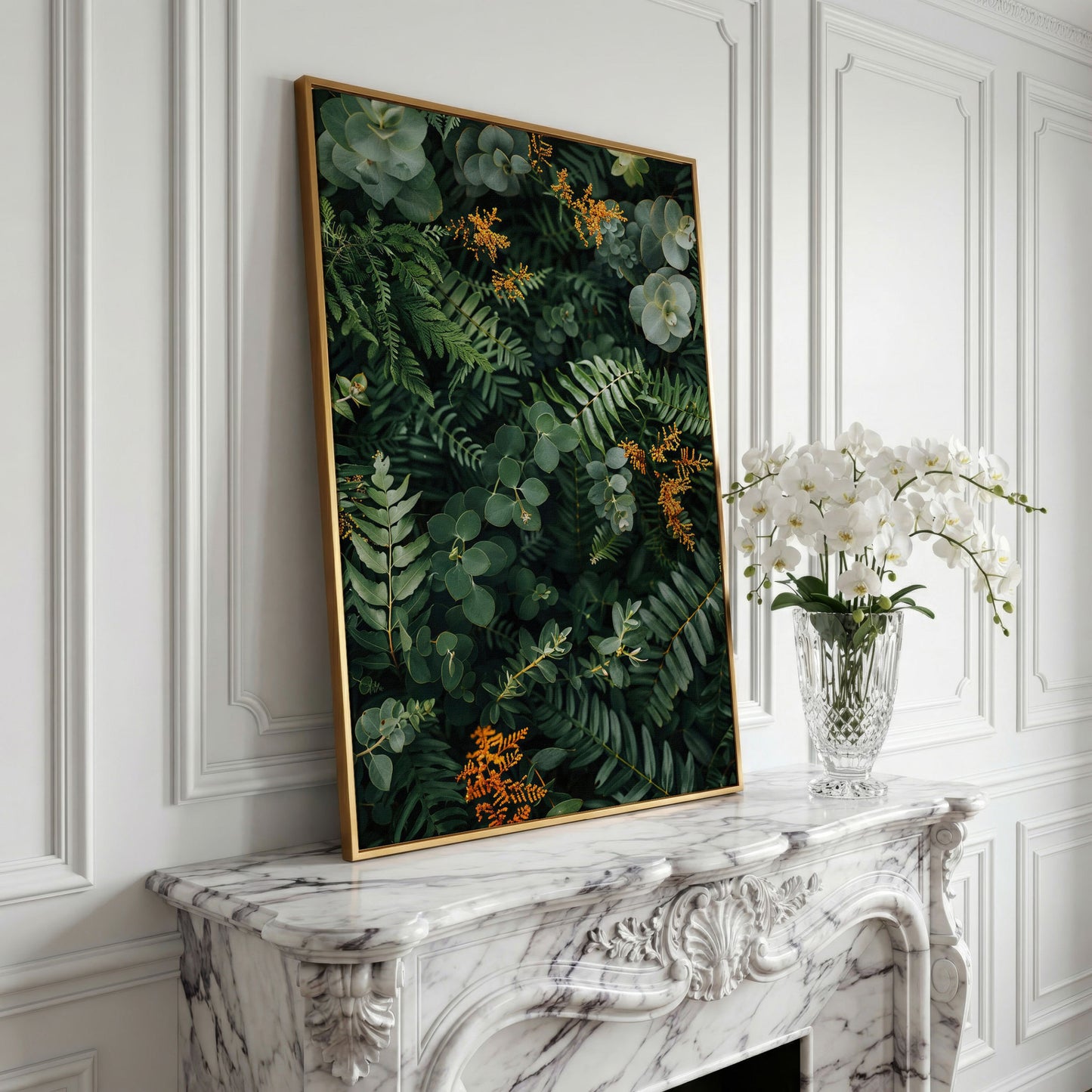 Lush Foliage Botanical Canvas Print in yellow gold floating frame