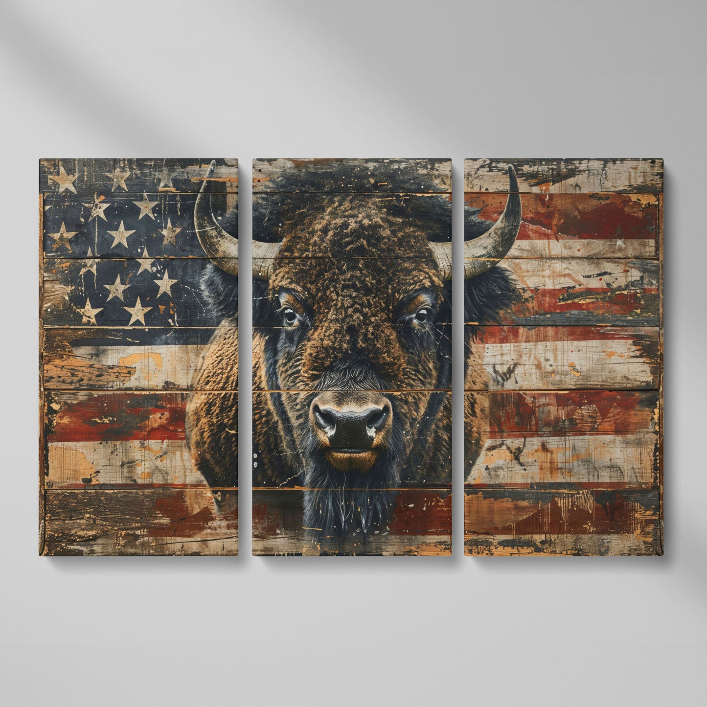 American Bison with Vintage Flag Canvas as 3-panel split version