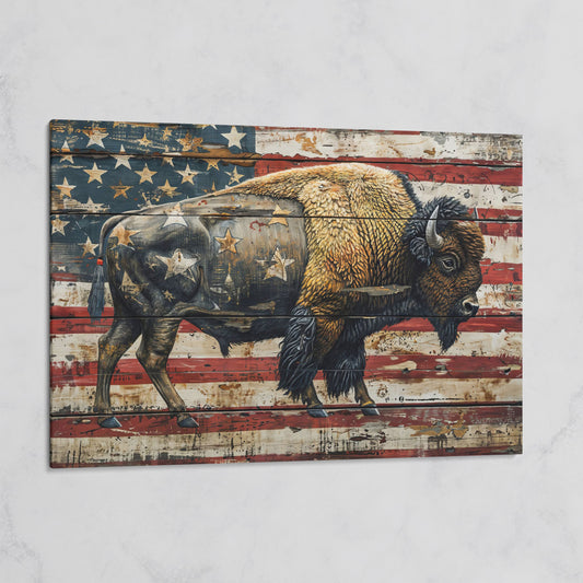 American Bison on Vintage Wood Panel Canvas on gallery wrap