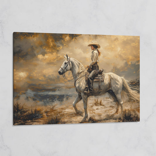 Cowgirl on White Horse Canvas Print on gallery wrap
