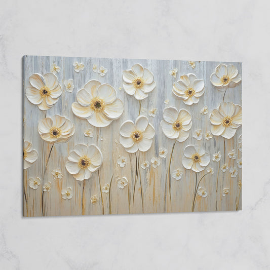 White Flowers on Taupe Botanical Canvas on gallery wrap