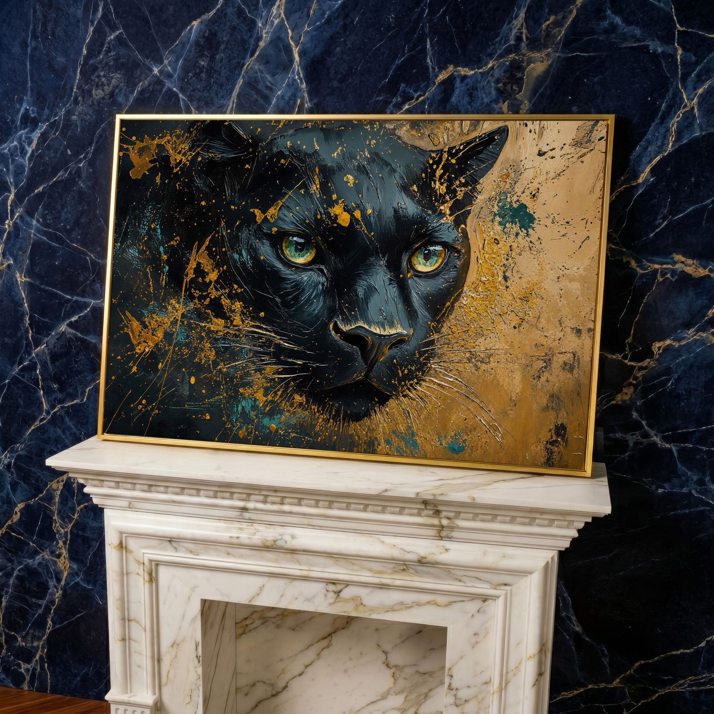 Black Panther Portrait Canvas Print with Modern Abstract in yellow gold floating frame