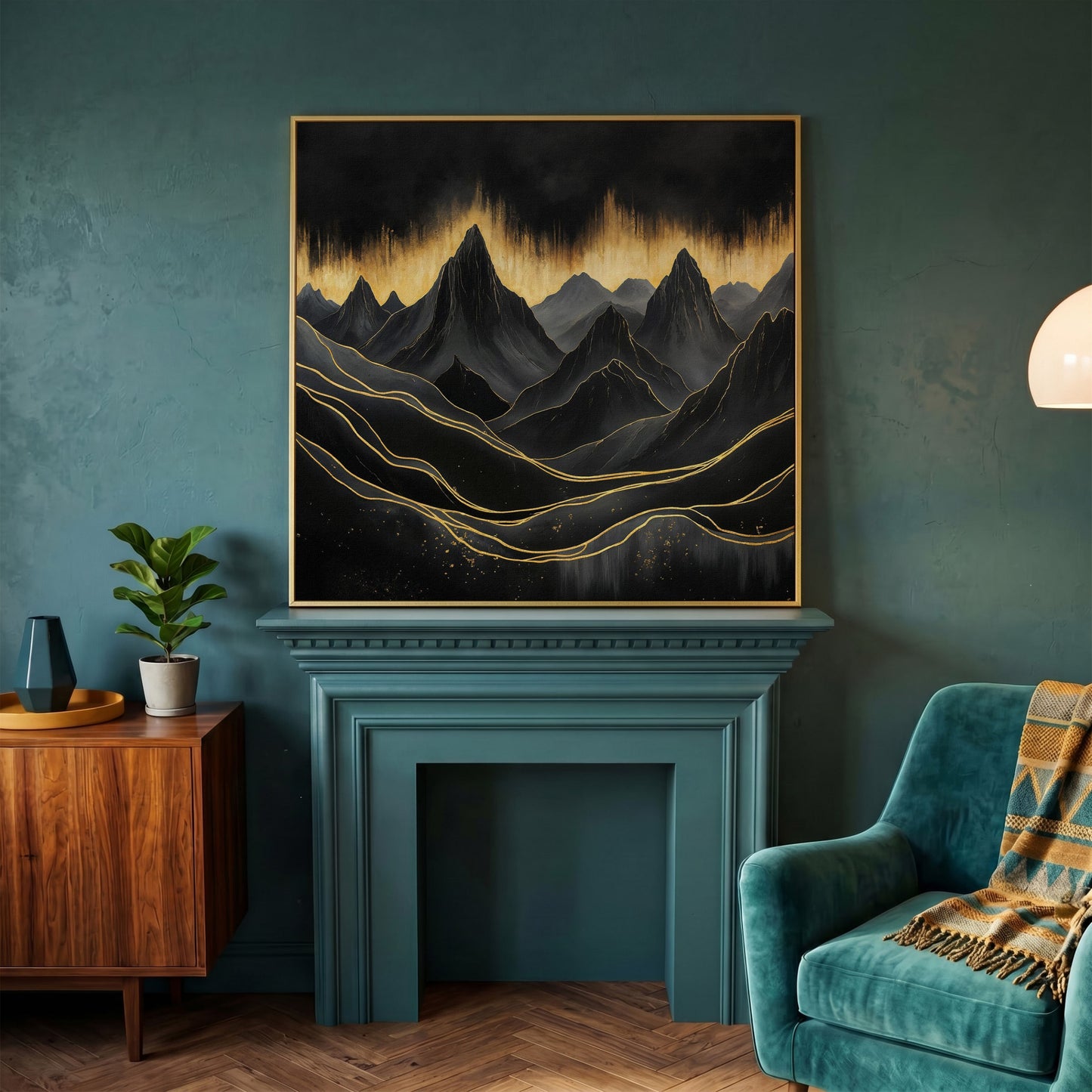 Surreal Mountain Landscape Canvas, Black and Gold in yellow gold floating frame