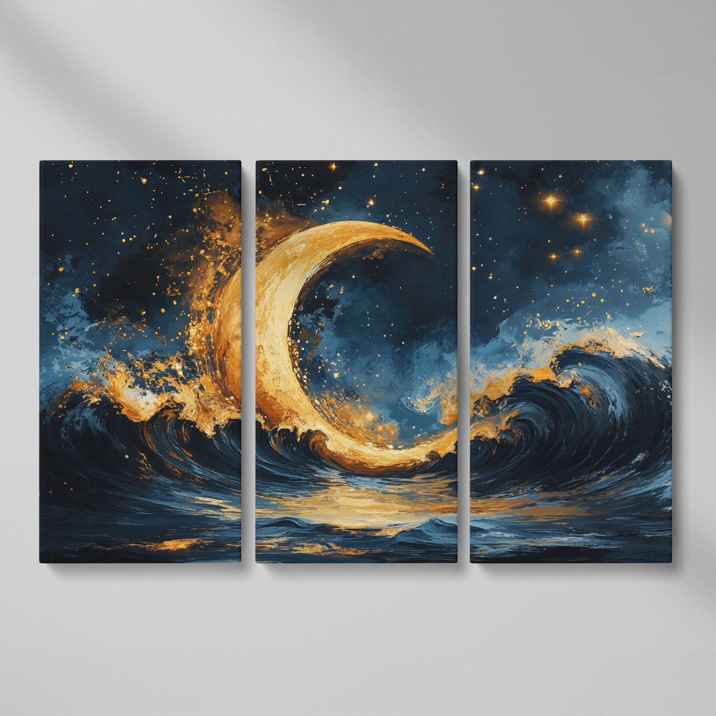 Golden Crescent Moon and Ocean Waves Canvas as 3-panel split version
