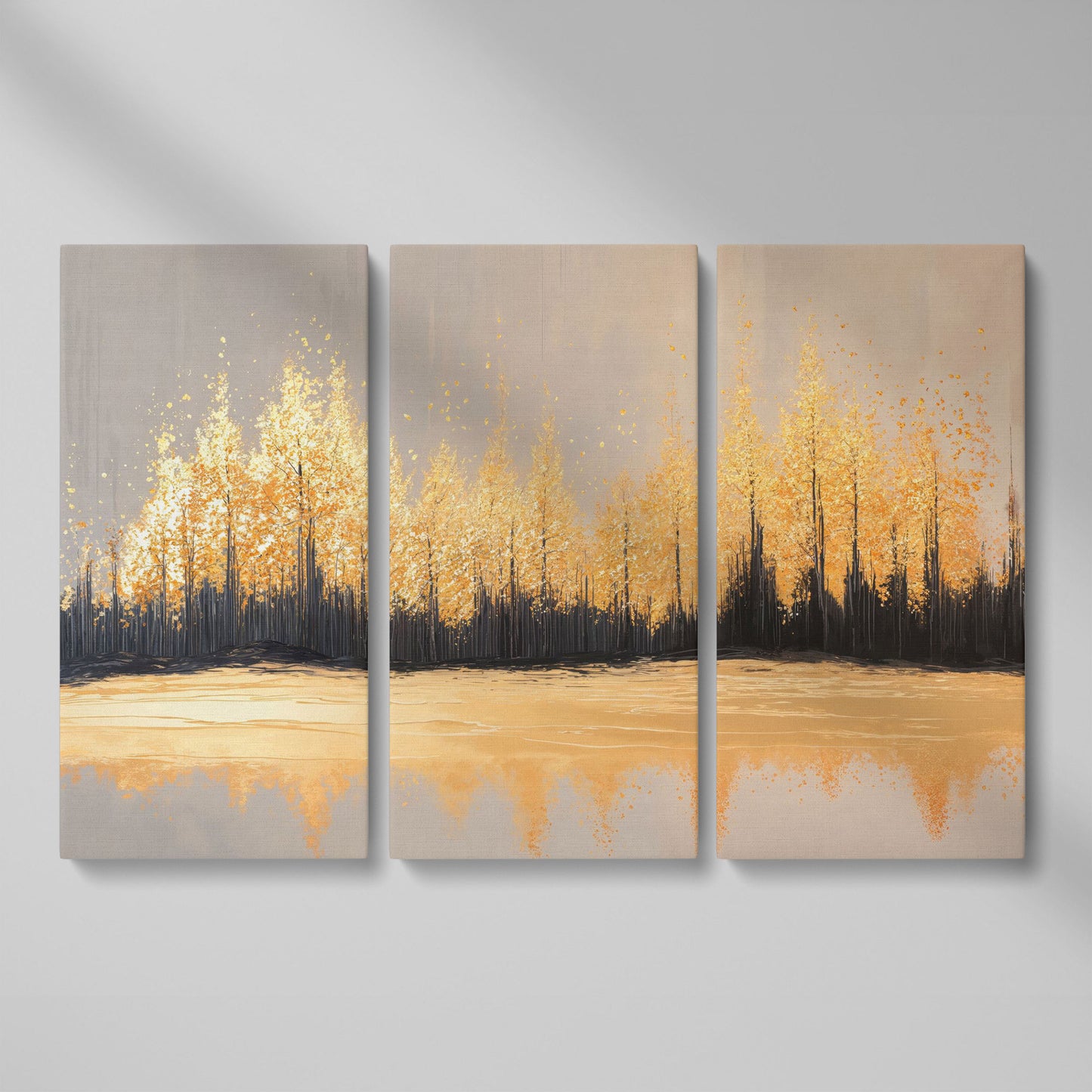 Golden Autumn Forest with Water Reflection Canvas Wall Art as 3-panel split version