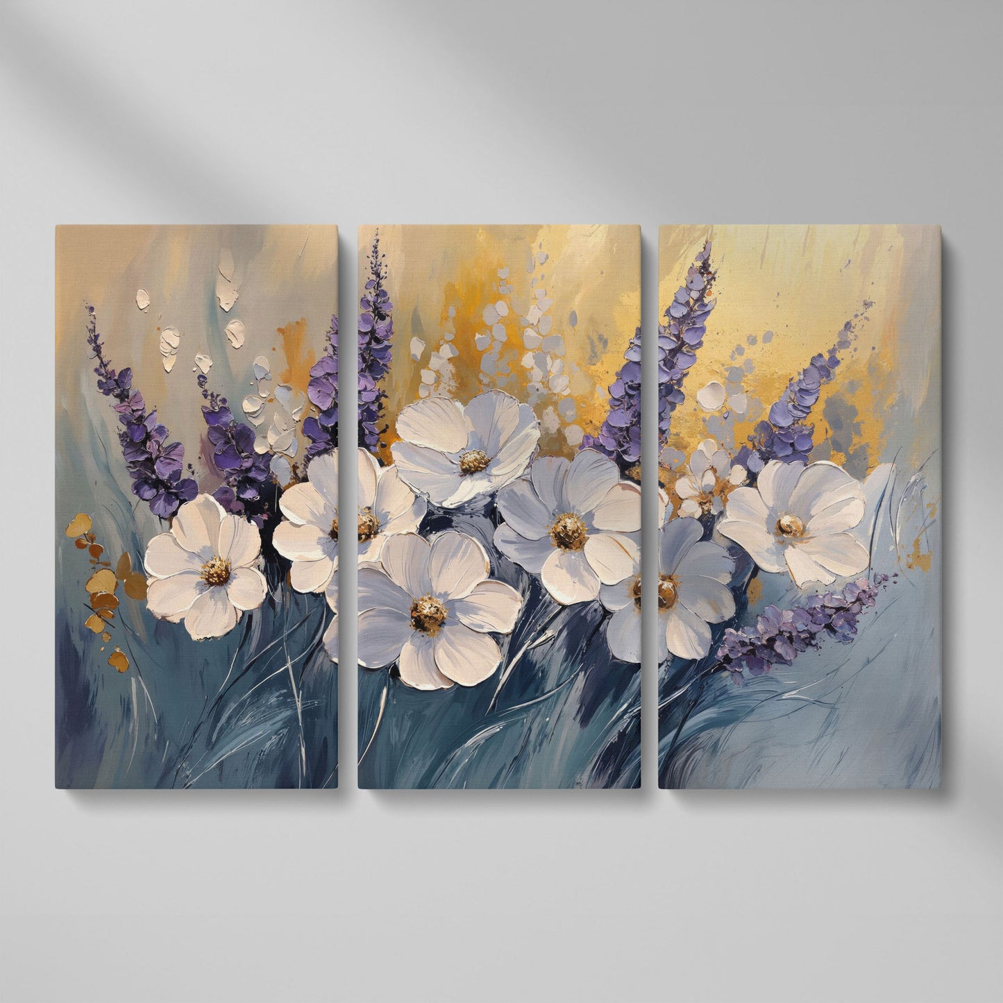 Abstract White and Purple Flowers Canvas as 3-panel split version