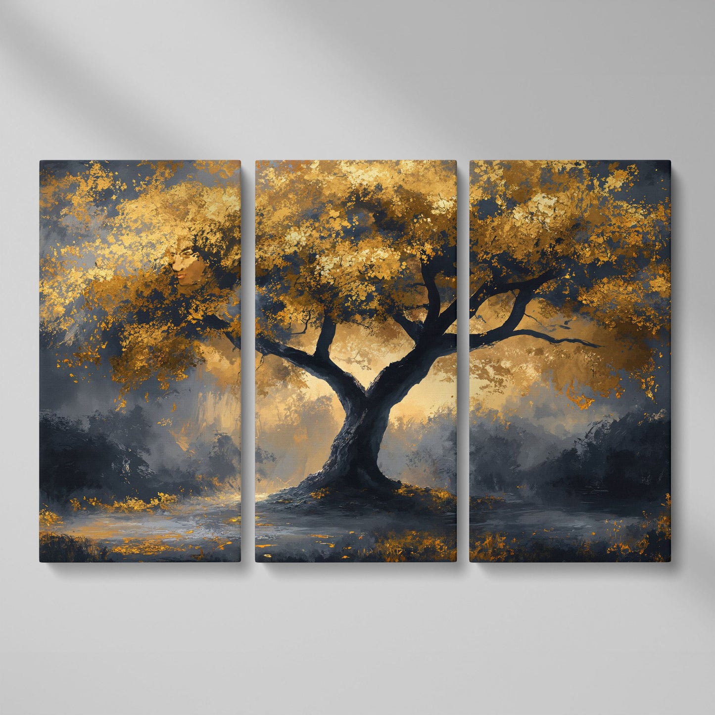 Mystical Tree with Golden Leaves Canvas Art as 3-panel split version
