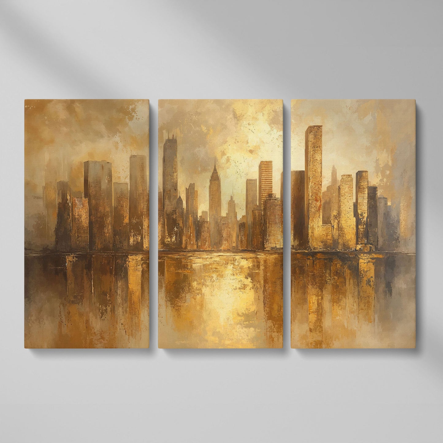 Golden City Skyline Canvas Print Modern Urban Art as 3-panel split version
