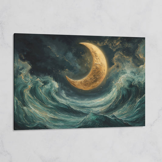 Crescent Moon and Ocean Waves Canvas on gallery wrap
