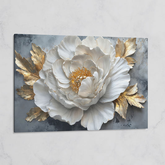White Flower with Golden Leaves Canvas Print on gallery wrap