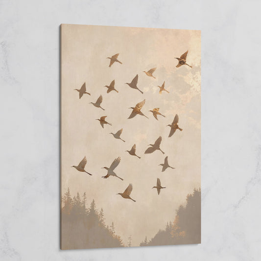Flock of Birds Canvas Print in Ecru and Sepia on gallery wrap