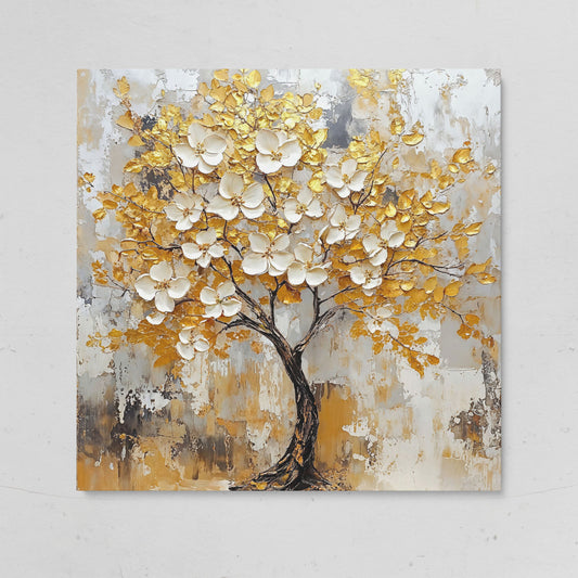 Tree with White Blossoms and Gold Leaves Canvas on gallery wrap