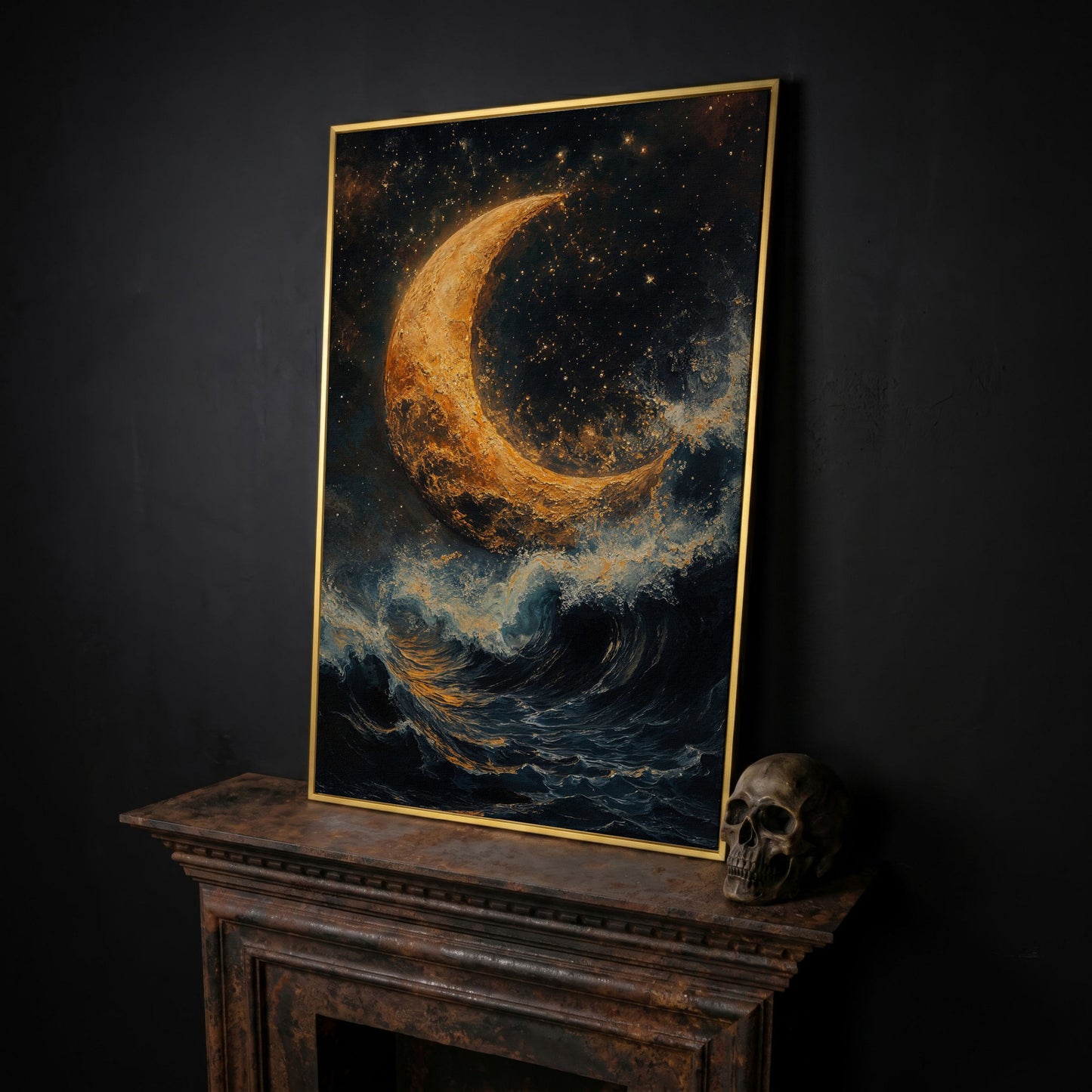 Crescent Moon Over Stormy Sea Canvas Wall Art in yellow gold floating frame