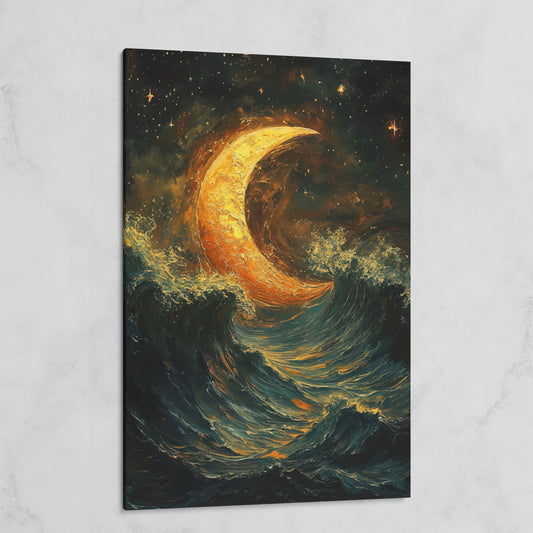 Crescent Moon Over Stormy Ocean Night Sky Canvas Art on gallery wrap