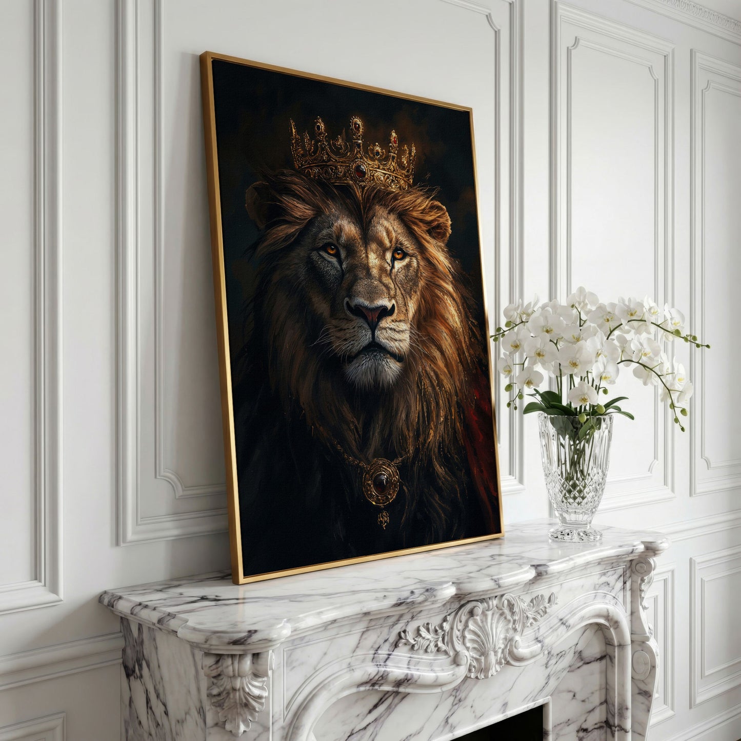 Lion with Crown Portrait Canvas in yellow gold floating frame