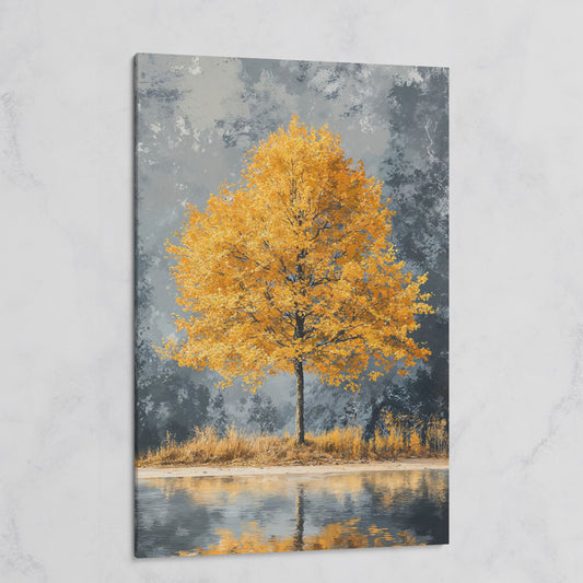 Yellow Leaves Tree Reflected in Still Water Canvas on gallery wrap