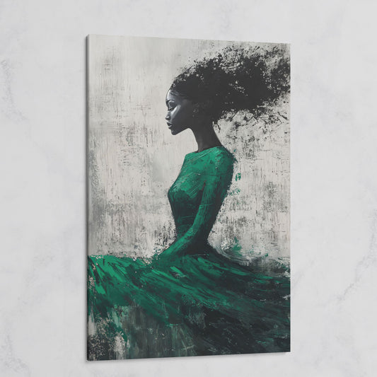 Elegant Black Woman in Green Dress Canvas Print on gallery wrap