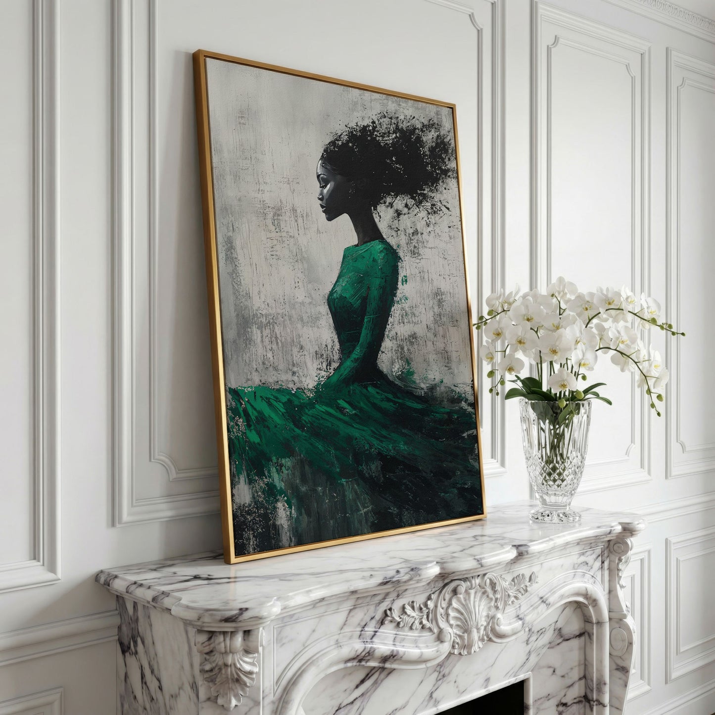 Elegant Black Woman in Green Dress Canvas Print in yellow gold floating frame
