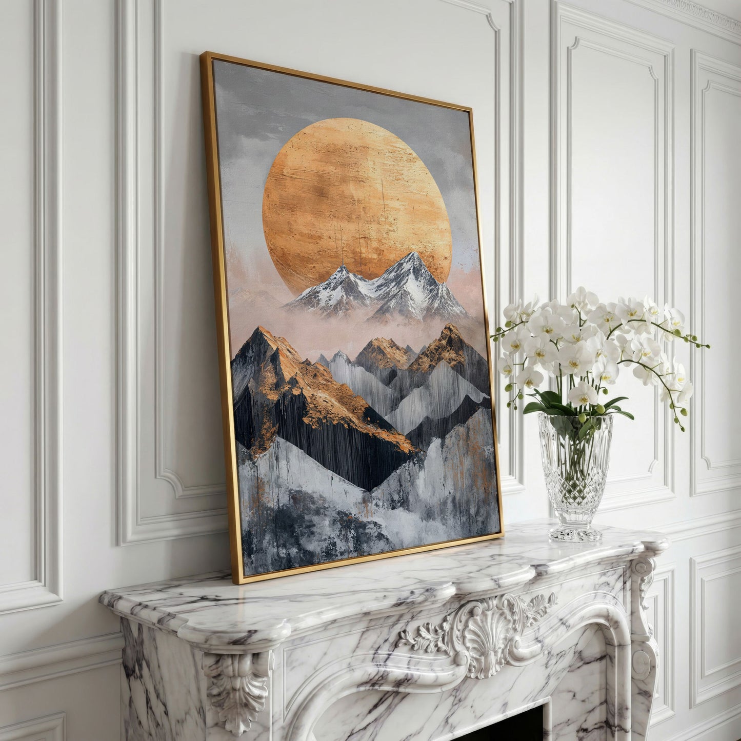 Abstract Sun and Mountains Canvas Print in Gray and Gold in yellow gold floating frame