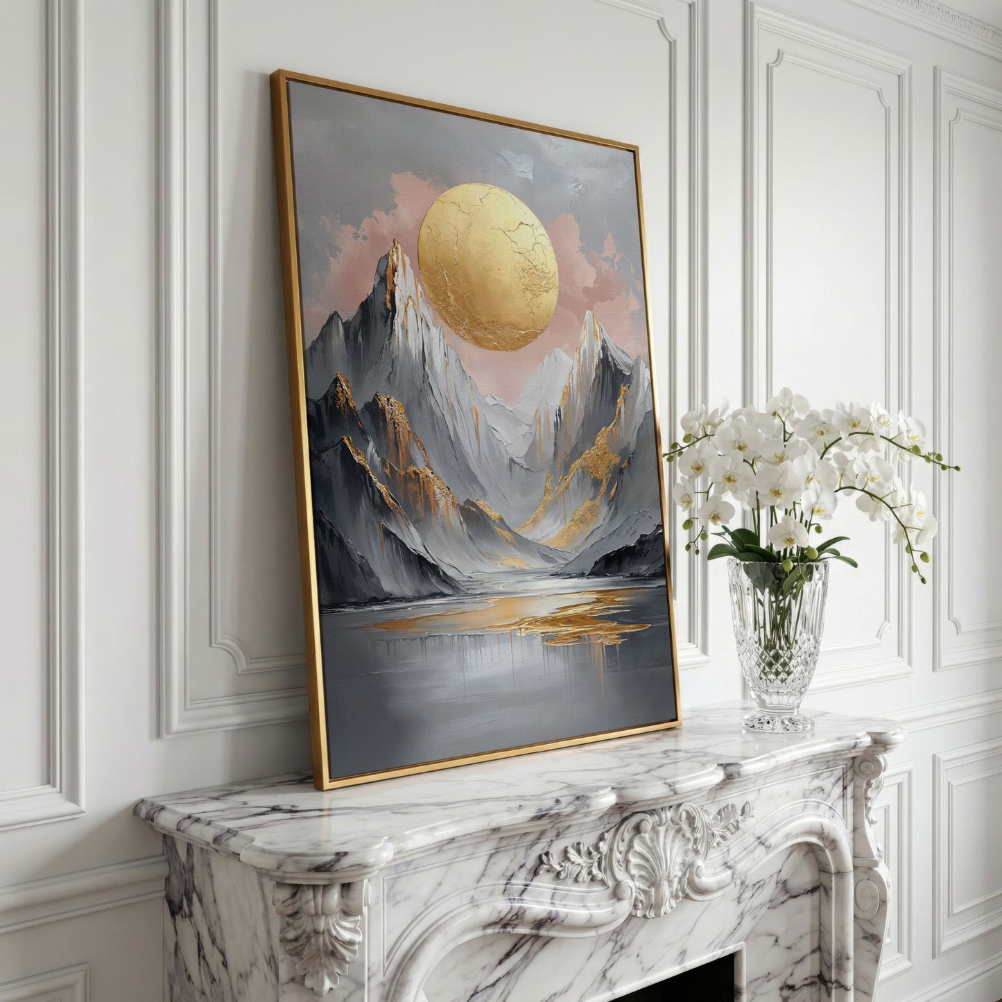 Golden Sun and Mountain Peaks Abstract Canvas in yellow gold floating frame