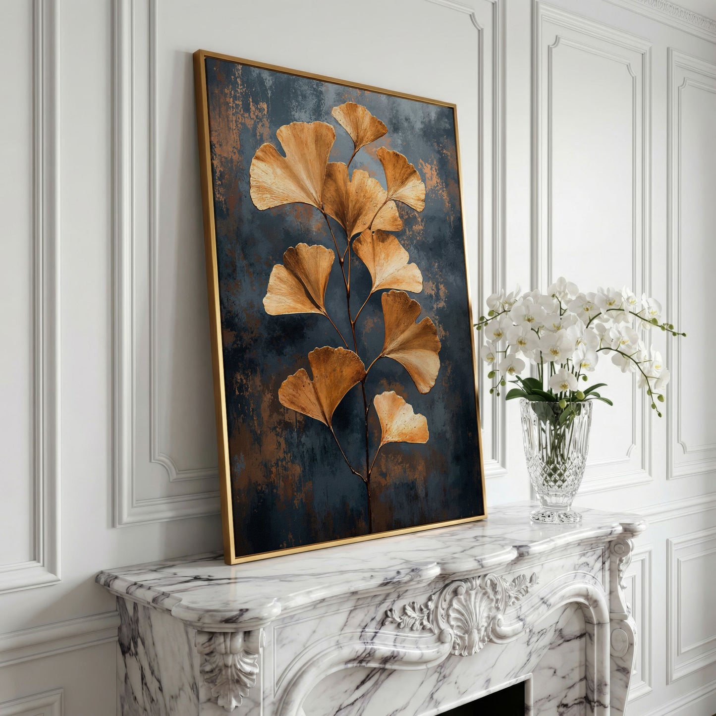 Golden Ginkgo Leaf Abstract Canvas in yellow gold floating frame