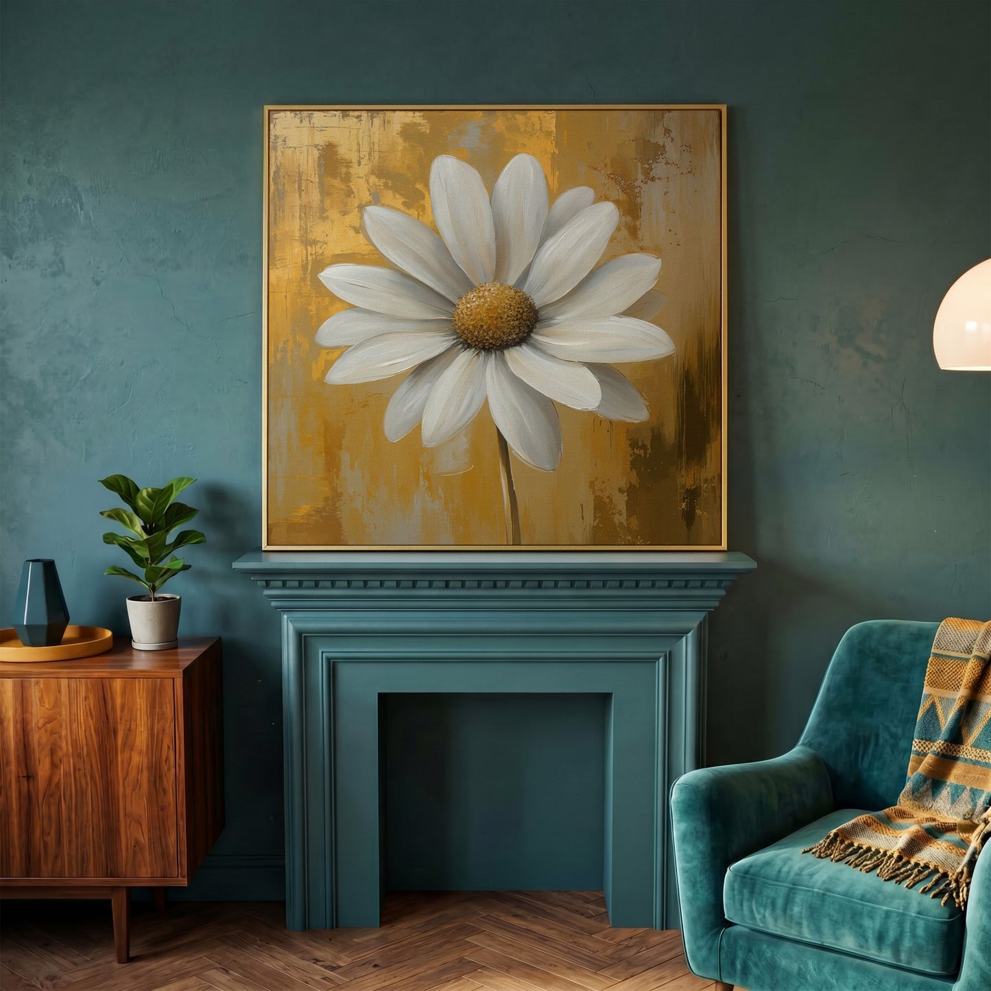 White and Gold Daisy Canvas in yellow gold floating frame