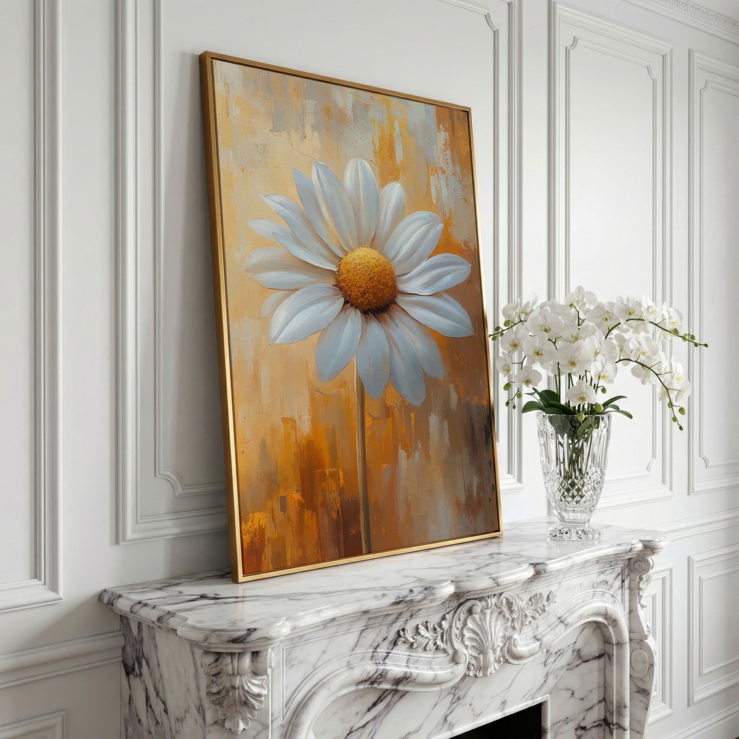 White Daisy on Ochre Canvas Print in yellow gold floating frame
