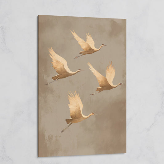 Cranes in Flight Canvas Print, Minimalist Taupe on gallery wrap