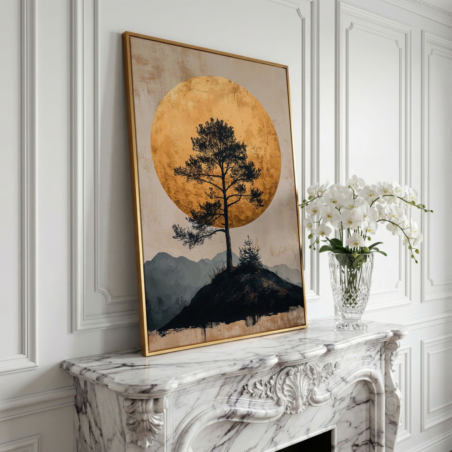 Lone Tree and Golden Moon Canvas Art, Portrait Wall Print in yellow gold floating frame
